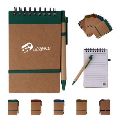 5.5" Kraft Paper Mini Pocket Spiral Notebook W/ Pen