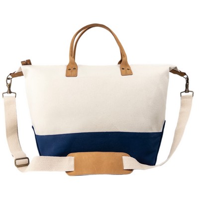 Blank Premium Weekender Canvas Travel Duffel Bag | Leather Brass Navy (20x14x10)