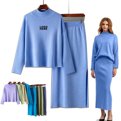 Promotional Women's Ribbed Knit Two-Piece Sweater and Skirt Set