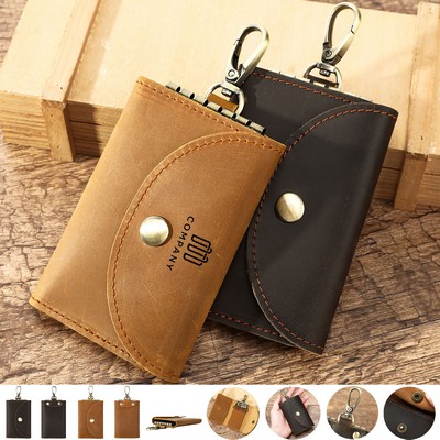 Leather Key Case Bank Card Organizer with 6 KeyChains