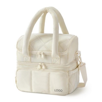 Double Layer Quilted Insulated Lunch Bag Puffy Picnic Cooler Tote for Beverages