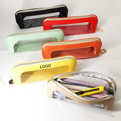 PU Leather Pencil Pouch with Long Zip Opening