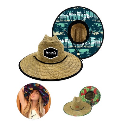 Straw Hat With Custom Patch And Full Color Underbrim Imprint