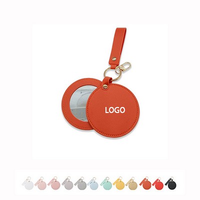 3 1/5" Round Rotating Folding Genuine Pu Leather Glass Mirror W/ Metal Lanyard Keychain