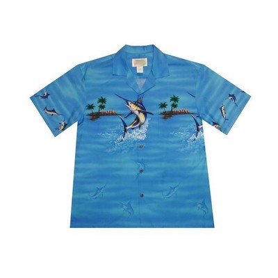 Blue Hawaiian Border Print Cotton Poplin Shirt w/ Button Front