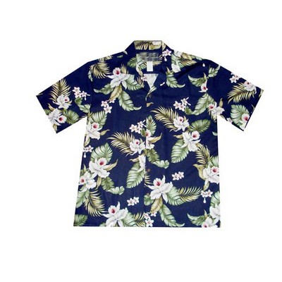 Navy Blue Hawaiian Tropical Print 100% Rayon Silky Feel Bahama Shirt