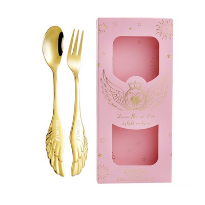 Set of 2 Golden Angel Wing Spoon Fork Flatware Set Tableware Pink Gift Box