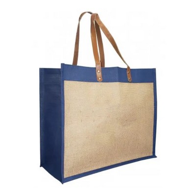 Mannitok Laminated Jute Tote w/Leatherette Handles, Tan/Blue