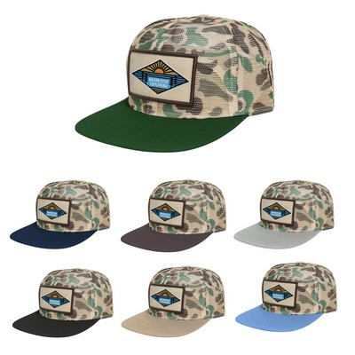Camo-Mesh Hat with Flat Brim and Snapback Closure