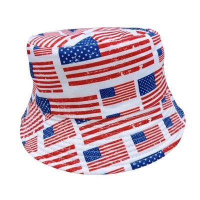 Fully Bleed Printed Bucket Hats - American Flag Pattern w/ Custom Logo