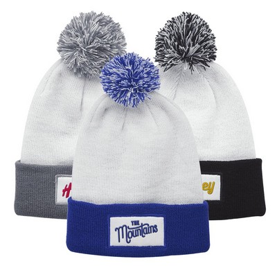 Cuffed Two-Tone Pompom Knit Hat with Patch