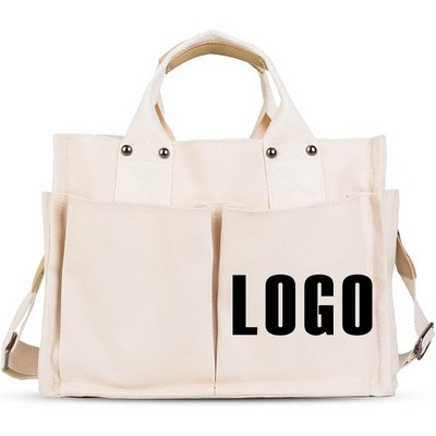 Soft Cotton Canvas Multi Pocket Tote Bag w/Snap Closure MOQ50pcs