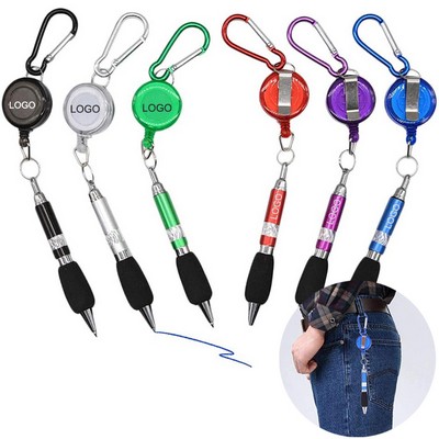 3 in 1 Retractable Badge Reel Pen with Belt Clip and Keychain Carabiner for Work Office Nurses