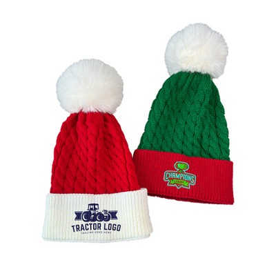 Rolled Brim Knit Christmas Hat With Big Pompom