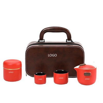 Ceramic Travel Tea Set W/ Wooden Handle And Canister