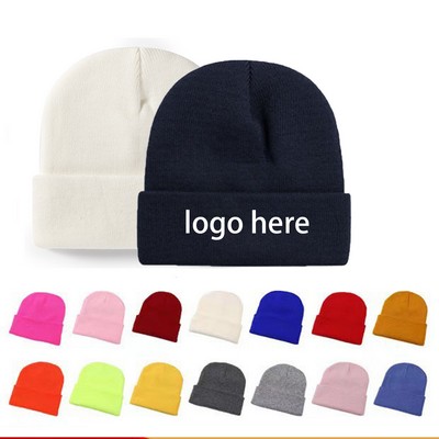 Double-Layered Cuffed Beanie with Leatherette Patch