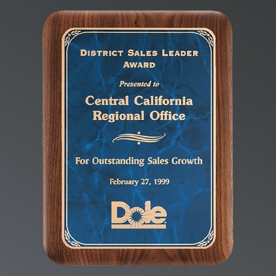 Genuine American Walnut Rounded Plaque, Sapphire Marble Plate w/Florentine, Medium (8"x10-1/2")