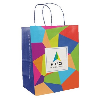 Multi-Sided Full Color White Shopper Paper Bag - Blue Handle (8.25 x 10.25 x 5)
