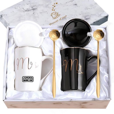 17oz Creative Couple Ceramic Mug Set W/ Lid & Spoon