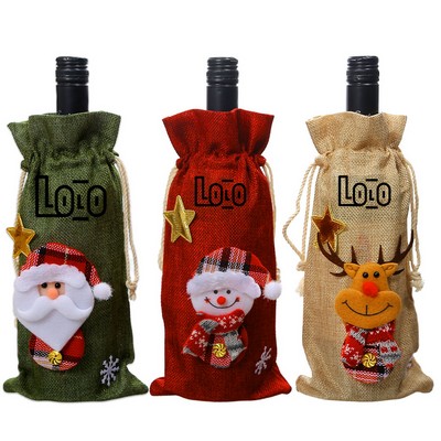 Christmas Drawstring Burlap Wine Bottle Bags with 3D Holiday Characters