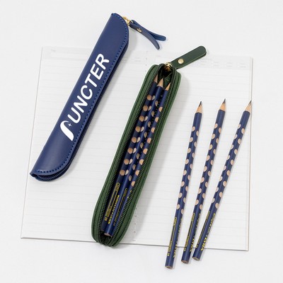 Zippered PU Leather Pencil Case - Spacious Multi-Pen Stationery Organizer For School & Office