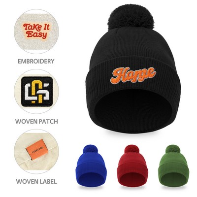 Unisex Ribbed Cuff Pom Pom Knit Beanie Cap