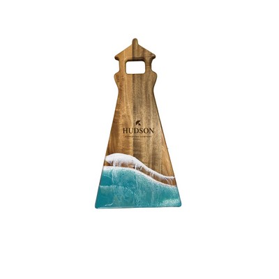 Lighthouse Shaped Acacia Cheese Board - Caribbean Blue