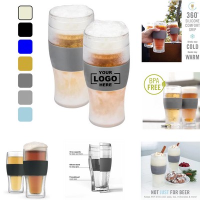 Double Wall Freezer Glass Beer Mug - Frosty Cooling Cup with Silicone Sleeve