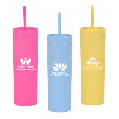 16oz Double-layered Plastic Tumbler With Straw