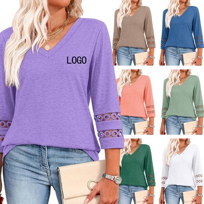 Women's Fashion Relaxed-Fit V-Neck Three-Quarter Sleeve Knit Sweater