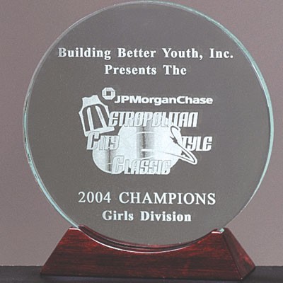 Circle Jade Glass Award w/Rosewood Base