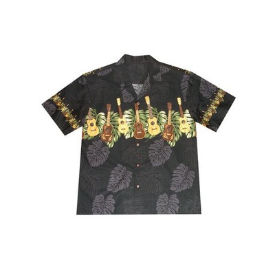 Black Hawaiian Tropical Border Print Cotton Shirt