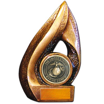 Stock Flame 7" Trophy with 2" US Marine Corp Coin, Engraving Plate