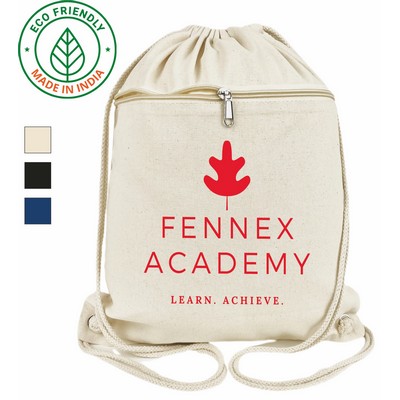Active Eco Friendly 7 Oz. Canvas Drawstring Bag Backpack Natural w/Zipper Pocket