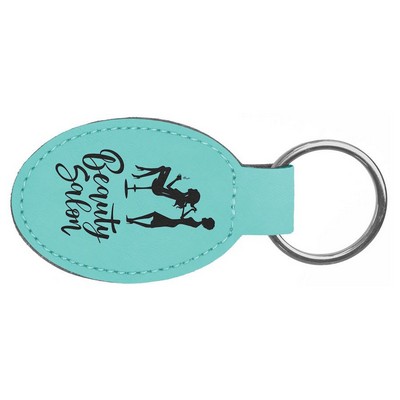 3" x 1 3/4" Teal Leatherette Oval Keychain
