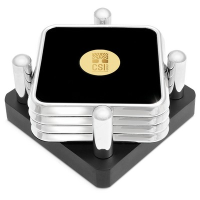 Four Square Silver Coaster Set W/ Gold Medallion