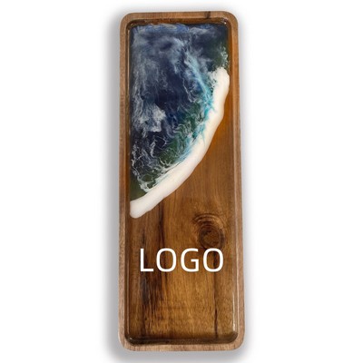 Large Acacia Wood Serving Tray with Resin Ocean Wave