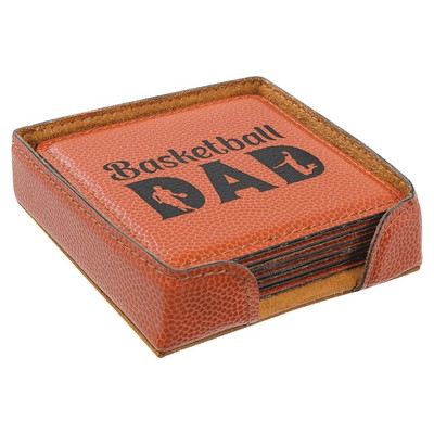 Square Coaster Set with 6 pcs, Basketball Faux Leather, Engraved, 4" x 4"