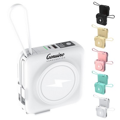 Portable Magnetic Wireless Charging Power Bank 5000Ma with Built-in AC Plug and Phone Holder