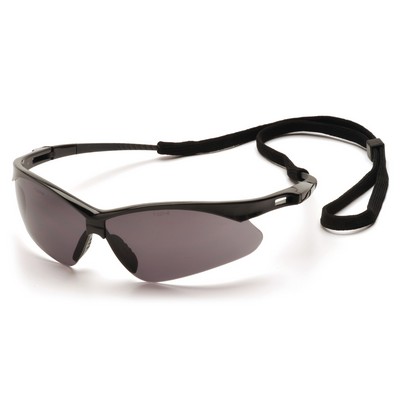 PMXTREME Safety Glasses, Black Frame with Gray Anti-Fog Lens and Cord