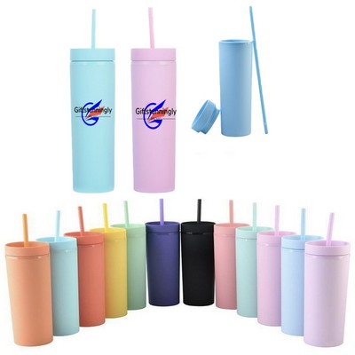 16oz Skinny Tumblers Double Wall Plastic Cup With Lids Straws