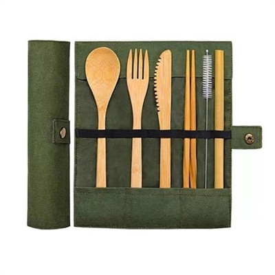 Bamboo Cutlery Set With Travel Pouch-6 Pieces