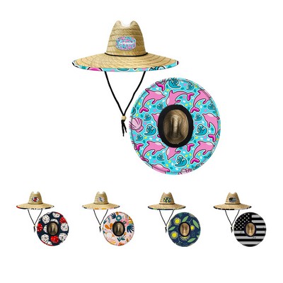 Patched Chin-Strap Straw Sun Hat