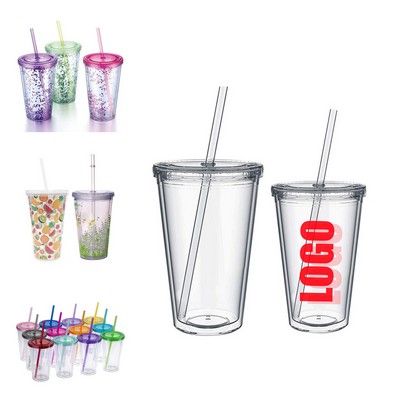 16OZ Double Layer Plastic Straw Cup