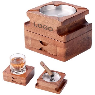 Dual-Purpose Detachable 4 Slots Wooden Ashtray and Whiskey Glass Tray