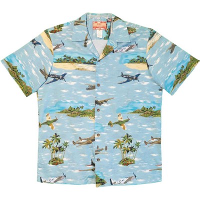 100% Cotton Poplin Military Print Blue Hawaiian Shirt w/Coconut Buttons & Short Sleeves