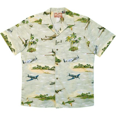 100% Cotton Poplin Military Print Khaki Beige Hawaiian Shirt w/Coconut Buttons & Short Sleeves