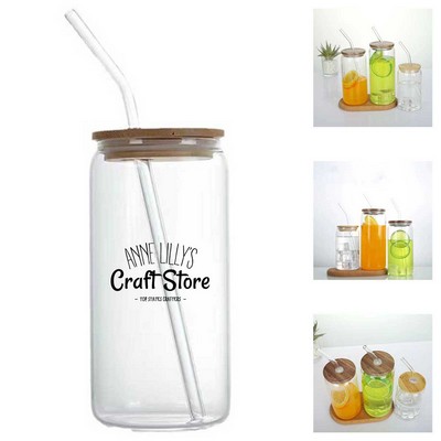16oz Drinking Glass with Bamboo Lids and Glass Straw