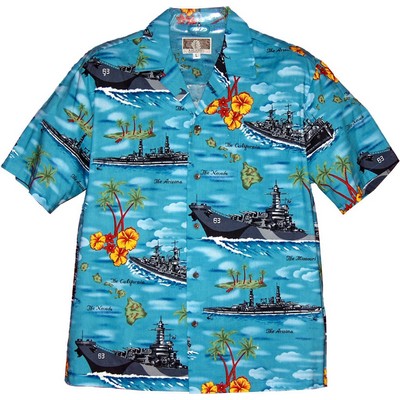 Turquoise Blue Hawaiian Tropical Military Print Shirt - Navy Ships Circa WWii