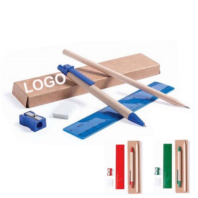 Set Of Ball Pen Pencil Ruler Sharpener & Eraser Packed In Recycled Carton Box